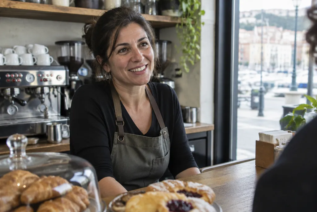 Barista sorridente dietro il bancone del suo bar