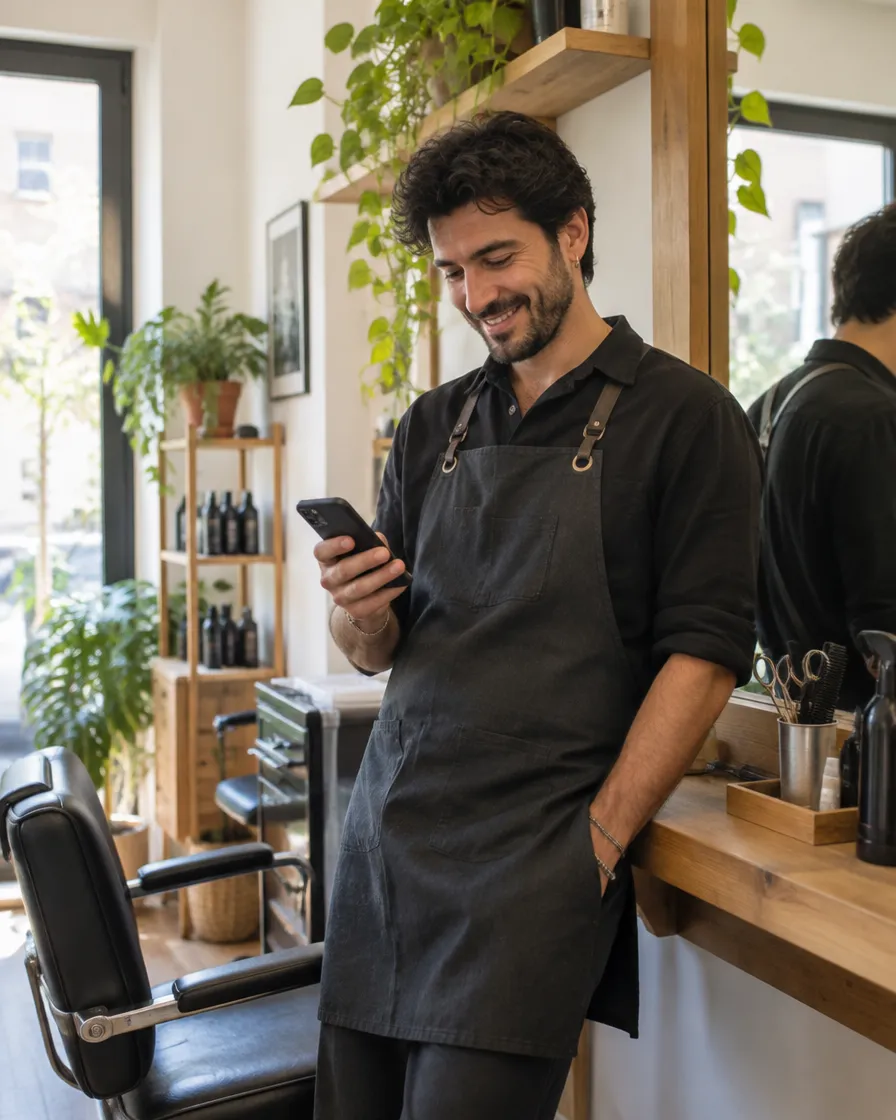 Parrucchiere nel suo salone che controlla il telefono