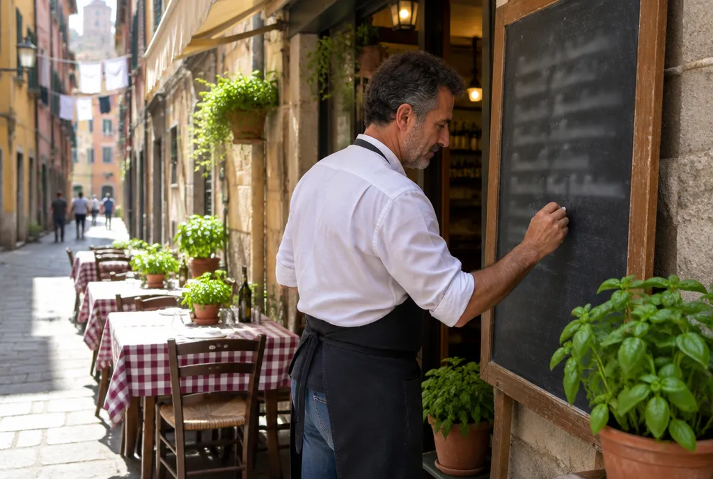 Ristoratore che scrive il menu del giorno fuori dal locale